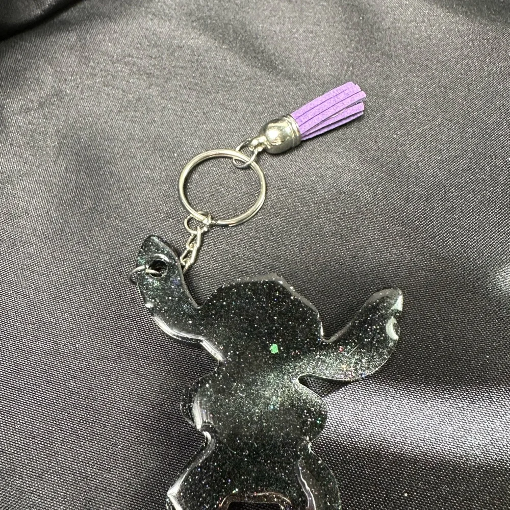 Glitter Purple & Green Stitch-Inspired Keychain with Tassel